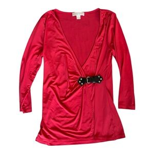 Michael Kors Draped 3/4 Long Sleeve Red and Black Belt Buckle Top Medium
